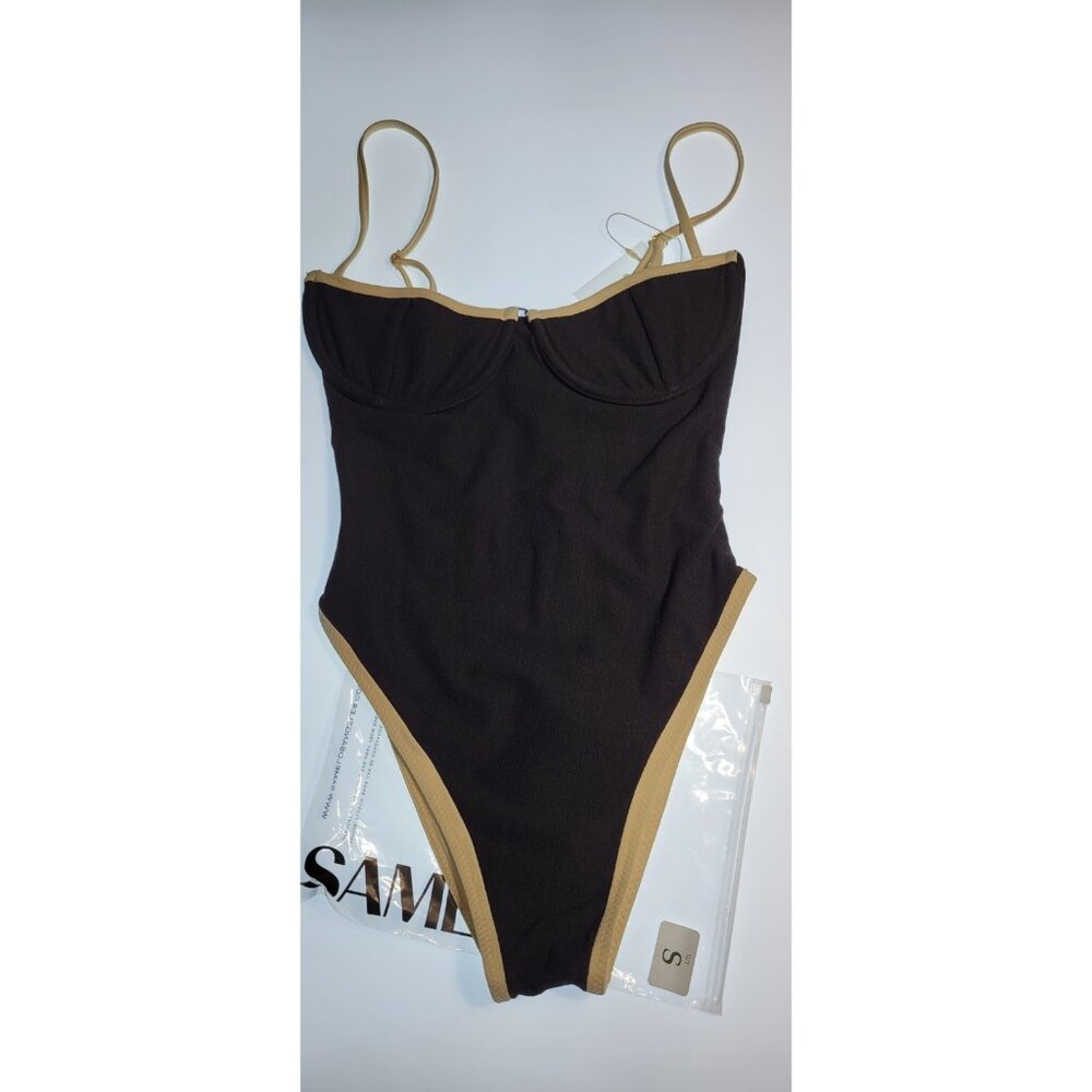 Elegant Black and Tan One-Piece Swimsuit